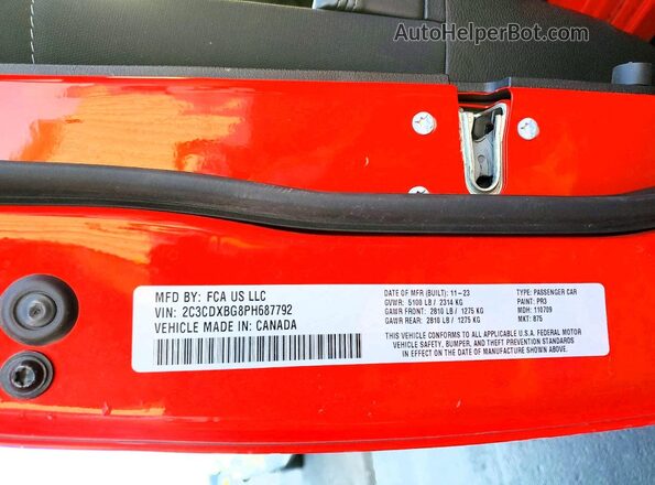 2C3CDXBG8PH687792 2023 DODGE CHARGER Red VIN կոդի պիտակի տեսք