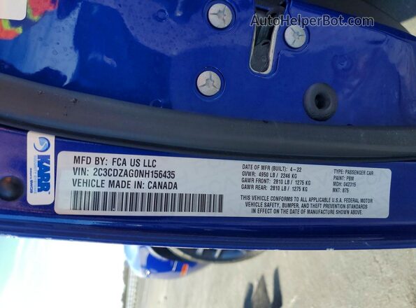 2C3CDZAG0NH156435 2022 DODGE CHALLENGER Blue Vista del compartimento del motor