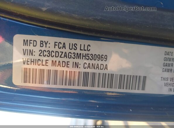 2C3CDZAG3MH530969 2021 DODGE CHALLENGER Blue Շարժիչի բաժամունքի տեսք