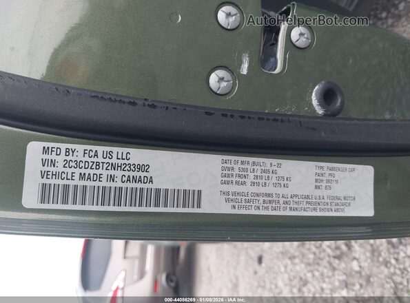 2C3CDZBT2NH233902 2022 DODGE CHALLENGER Green 