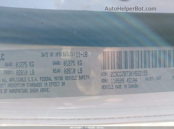 2C3CDZBT3KH552155 2019 DODGE CHALLENGER White Вид підкапотного простору