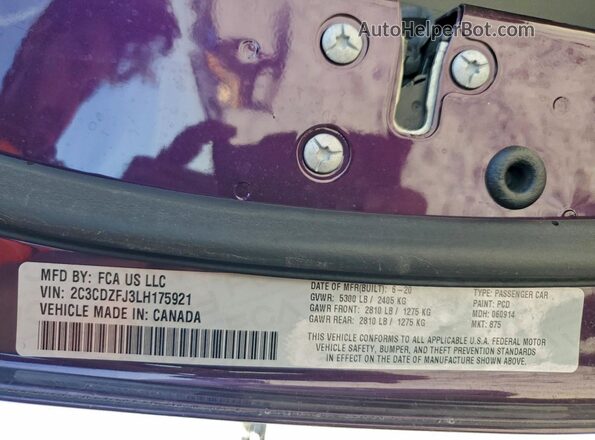 2C3CDZFJ3LH175921 2020 DODGE CHALLENGER Purple Widok komory silnika