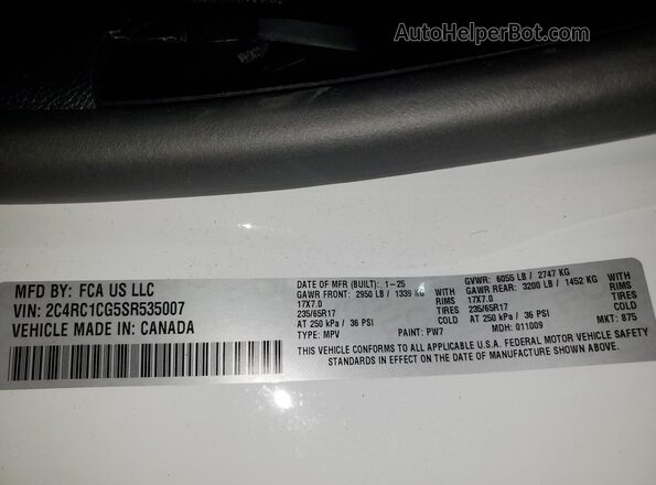 2C4RC1CG5SR535007 2025 CHRYSLER VOYAGER White Widok naklejki z numerem VIN