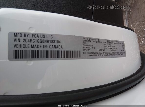 2C4RC1GG8NR183104 2022 CHRYSLER PACIFICA White Вид підкапотного простору