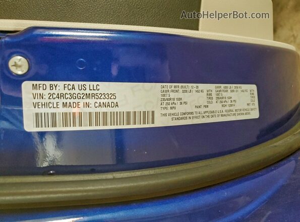 2C4RC3GG2MR523325 2021 CHRYSLER PACIFICA Blue VIN კოდის სტიკერის ხედი