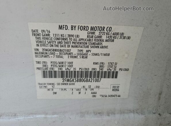 2FMGK5B80GBA21007 2016 FORD FLEX White სალონის 360-გრადუსიანი ხედი