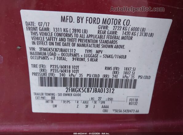 2FMGK5C87JBA01312 2018 FORD FLEX Red 
