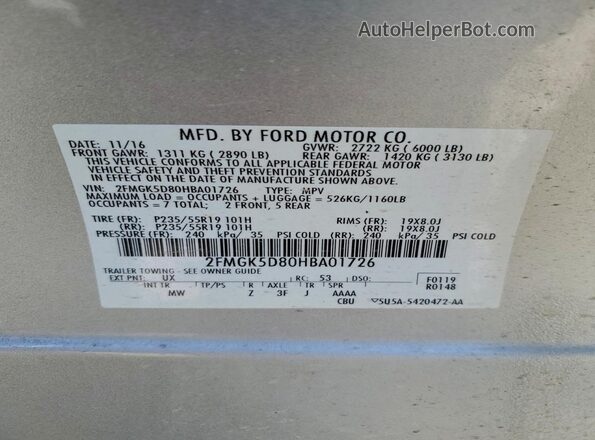 2FMGK5D80HBA01726 2017 FORD FLEX Silver 