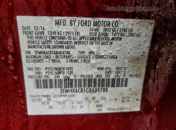 2FMHK6C81GBA04788 2016 FORD FLEX Red Vista de la etiqueta del VIN