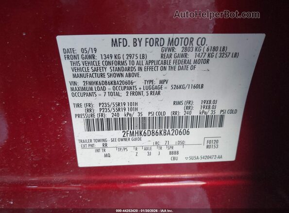 2FMHK6D86KBA20606 2019 FORD FLEX Red Вид підкапотного простору