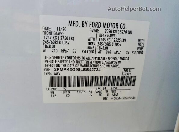 2FMPK3G98LBB42724 2020 FORD EDGE White VIN sticker view