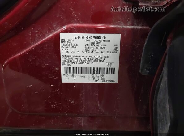 2FMPK3J88GBC31117 2016 FORD EDGE Red ძრავის განყოფილების ხედი