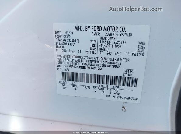 2FMPK3J95KBB93122 2019 FORD EDGE White Շարժիչի բաժամունքի տեսք