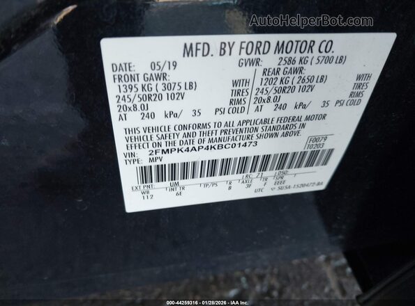 2FMPK4AP4KBC01473 2019 FORD EDGE Black Widok komory silnika