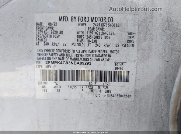 2FMPK4G93NBA89293 2022 FORD EDGE White Вид підкапотного простору