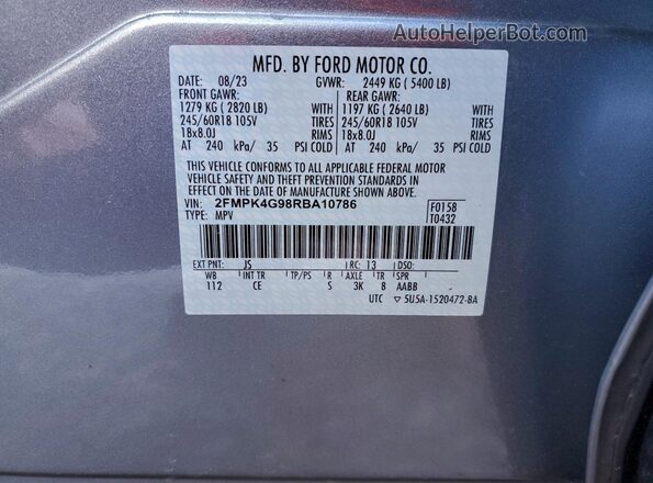 2FMPK4G98RBA10786 2024 FORD EDGE Silver Вид наклейки з VIN-кодом