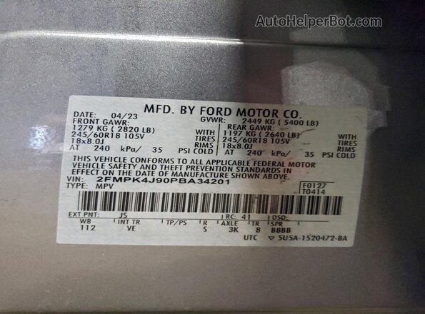 2FMPK4J90PBA34201 2023 FORD EDGE Silver Vista de la etiqueta del VIN