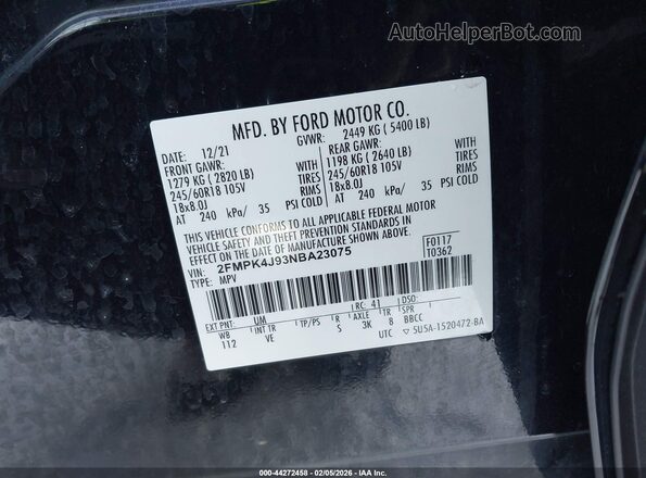 2FMPK4J93NBA23075 2022 FORD EDGE Black ძრავის განყოფილების ხედი