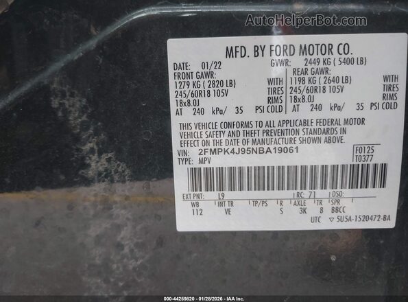 2FMPK4J95NBA19061 2022 FORD EDGE Gray Vista del compartimento del motor