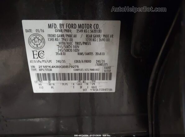 2FMPK4K80GBB79275 2016 FORD EDGE Gray Vista del compartimento del motor