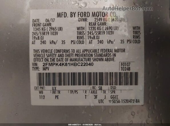 2FMPK4K81HBC22040 2017 FORD EDGE Silver Vista del compartimento del motor