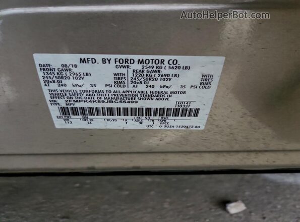 2FMPK4K89JBC55499 2018 FORD EDGE Tan VIN კოდის სტიკერის ხედი