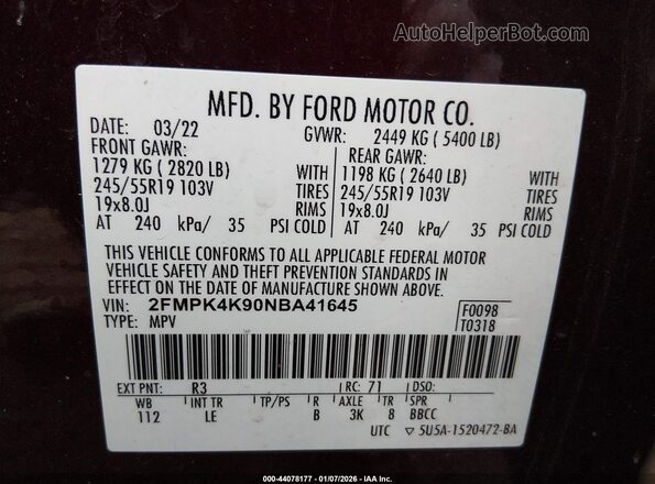 2FMPK4K90NBA41645 2022 FORD EDGE Burgundy Widok komory silnika