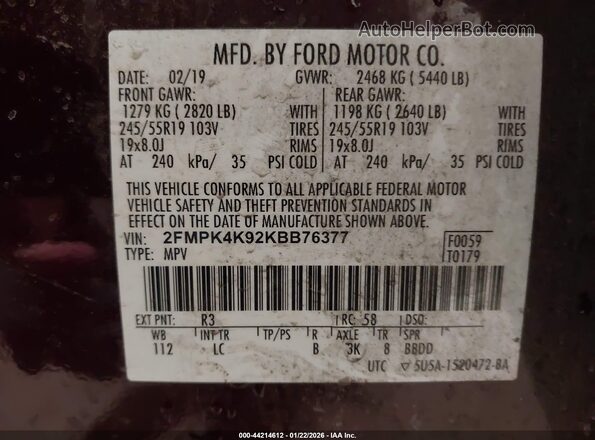 2FMPK4K92KBB76377 2019 FORD EDGE Maroon Engine compartment view