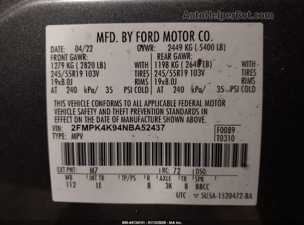 2FMPK4K94NBA52437 2022 FORD EDGE Серый 