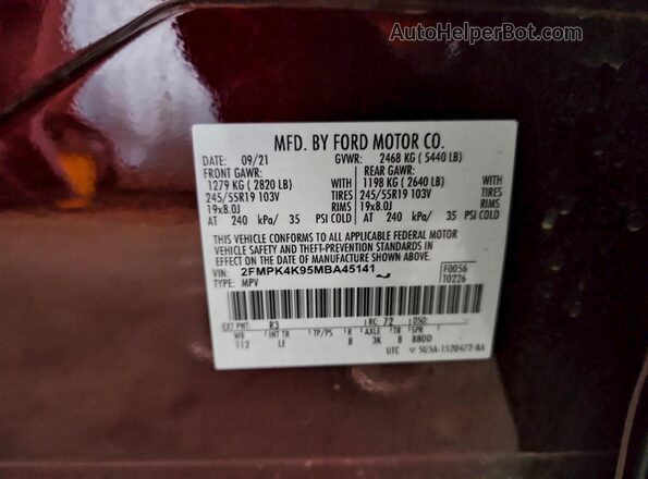 2FMPK4K95MBA45141 2021 FORD EDGE Maroon Vista de la etiqueta del VIN