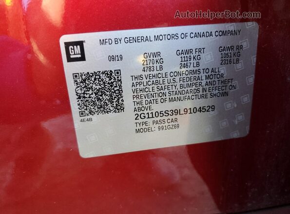 2G1105S39L9104529 2020 CHEVROLET IMPALA Red Вид наклейки з VIN-кодом
