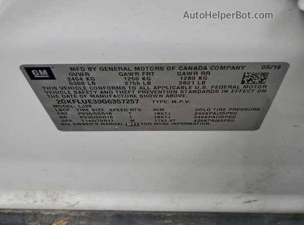 2GKFLUE39G6357257 2016 GMC TERRAIN White Widok naklejki z numerem VIN