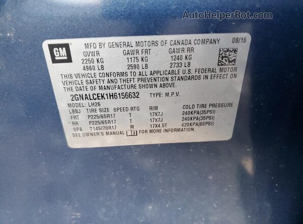 2GNALCEK1H6156632 2017 CHEVROLET EQUINOX Синий Вид наклейки с VIN-кодом