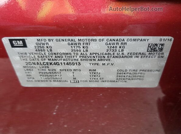 2GNALCEK4G1145913 2016 CHEVROLET EQUINOX Burgundy Vista de la etiqueta del VIN