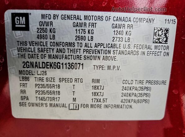 2GNALDEK6G1136071 2016 CHEVROLET EQUINOX Maroon VIN კოდის სტიკერის ხედი