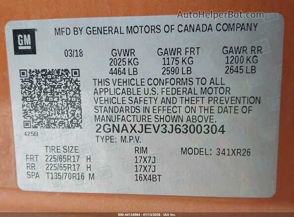 2GNAXJEV3J6300304 2018 CHEVROLET EQUINOX Оранжевый Вид подкапотного пространства