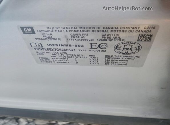 2GNFLEEK7G6265337 2016 CHEVROLET EQUINOX Серебряный Вид наклейки с VIN-кодом