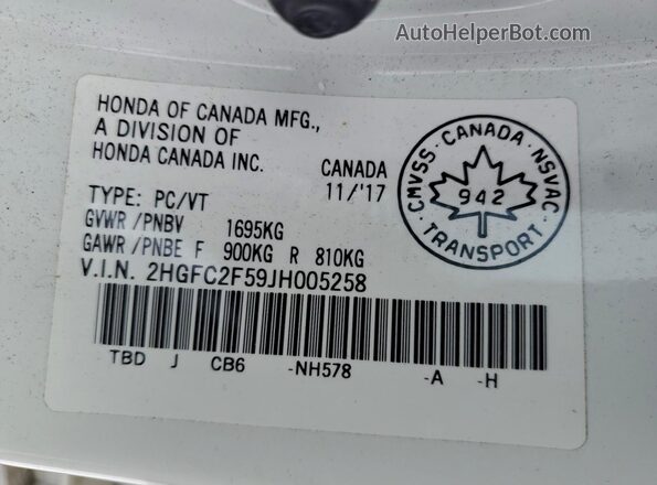 2HGFC2F59JH005258 2018 HONDA CIVIC White Vista del compartimento del motor