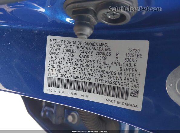 2HGFC2F61MH524740 2021 HONDA CIVIC Blue Vista del compartimento del motor