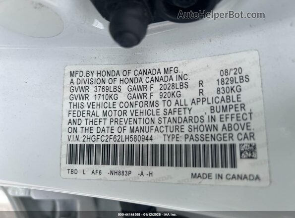 2HGFC2F62LH580944 2020 HONDA CIVIC White Շարժիչի բաժամունքի տեսք