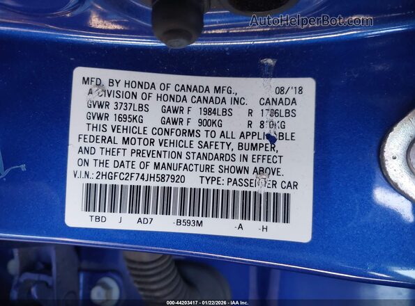 2HGFC2F74JH587920 2018 HONDA CIVIC Blue ძრავის განყოფილების ხედი