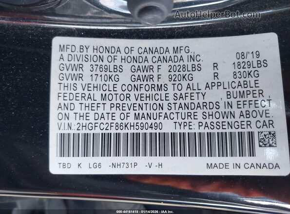 2HGFC2F86KH590490 2019 HONDA CIVIC Black 