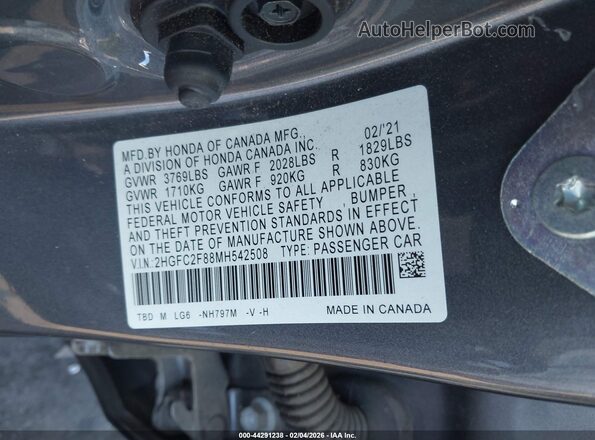 2HGFC2F88MH542508 2021 HONDA CIVIC Gray Вид підкапотного простору