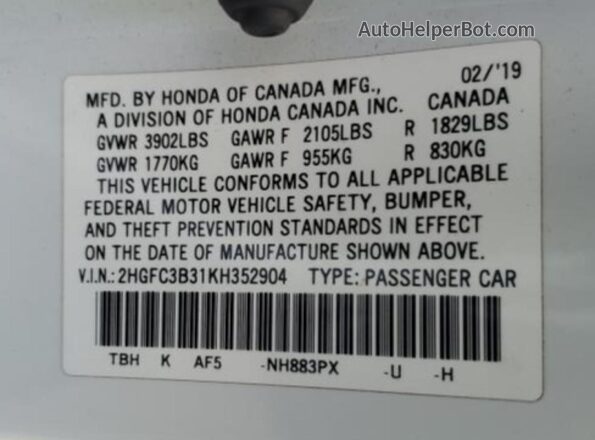 2HGFC3B31KH352904 2019 HONDA CIVIC Белый Вид подкапотного пространства