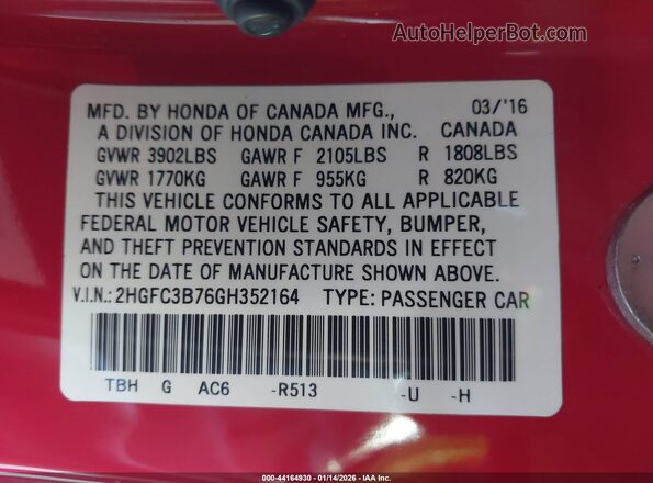 2HGFC3B76GH352164 2016 HONDA CIVIC Red Вид підкапотного простору