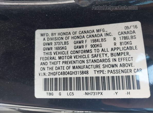 2HGFC4B04GH315848 2016 HONDA CIVIC Black Widok komory silnika