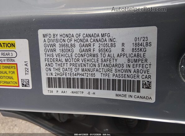 2HGFE1E54PH472165 2023 HONDA CIVIC Gray Vista del compartimento del motor