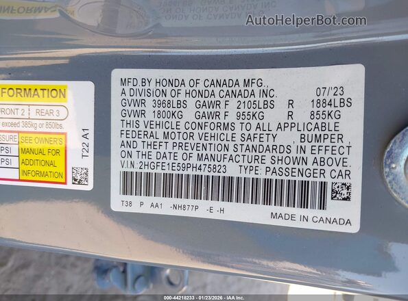 2HGFE1E59PH475823 2023 HONDA CIVIC SI Light Blue 