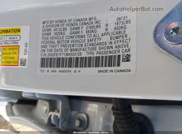 2HGFE1F71NH303105 2022 HONDA CIVIC White Vista del compartimento del motor