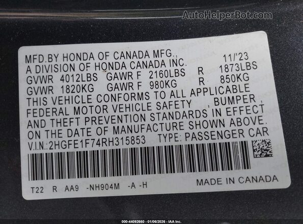 2HGFE1F74RH315853 2024 HONDA CIVIC Gray ძრავის განყოფილების ხედი